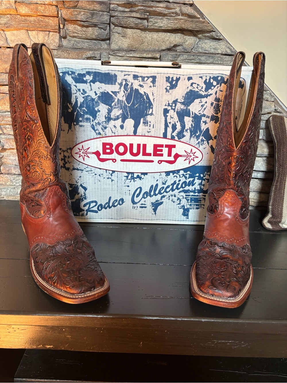 Boulet Women's Brown Tooled Leather Cowboy Boots